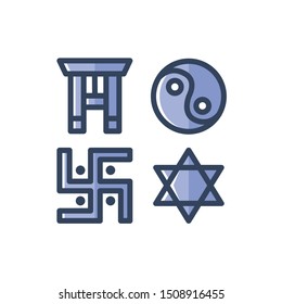 Religion Icon Set , Shintoism, Taoism, Hinduism, Buddhism, Judaism, Vector Illustration.