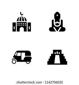 religion icon set. tuk tuk, great buddha of thailand and mosque vector icon for graphic design and web