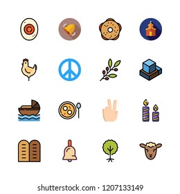 religion icon set. vector set about candle, peace, bell and hebrew icons set.