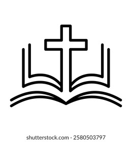 Religion icon. Simple black and white icon of christian cross standing on open bible. Vector illustration