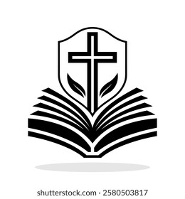 Religion icon. Simple black and white icon of christian cross standing on open bible. Vector illustration