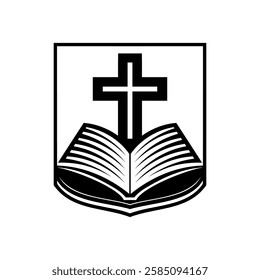 Religion icon. Simple black and white icon of christian cross standing on open bible. Vector illustration