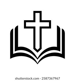 Religion icon. Simple black and white icon of christian cross standing on open bible. Vector illustration