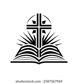 Religion icon. Simple black and white icon of christian cross standing on open bible. Vector illustration