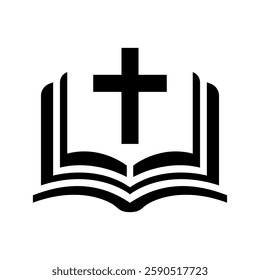 Religion icon. Simple black and white icon of christian cross standing on open bible. Vector illustration