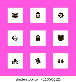 religion icons. arab woman, easter egg, holy quran and happy ramadan vector icons set