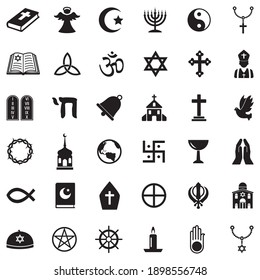 Religion Icons. Black Flat Design. Vector Illustration.