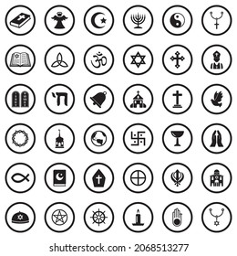 Religion Icons. Black Flat Design In Circle. Vector Illustration.