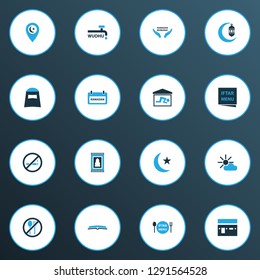 Religion icons colored set with menu, scripture, hijab and other iftar elements. Isolated vector illustration religion icons.