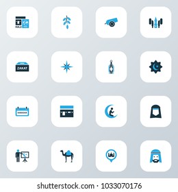 Religion icons colored set with teaching, prayer, qiblah and other direction elements. Isolated vector illustration religion icons.