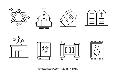 Religion Icons. Contains such icons as Religion, God, Faith, Pray, Christian, Catholic, Church, Islam, Judaism, Hinduism, Meditation, Bible.