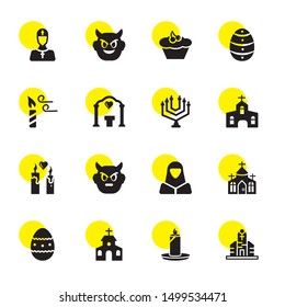 religion icons. Editable 16 religion icons. Included icons such as Church, Candle, Easter eggs, Nun, Devil, Candles, Menorah, Altar, Easter Eggs. religion trendy icons for web.