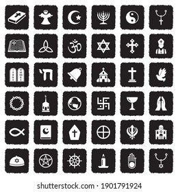 Religion Icons. Grunge Black Flat Design. Vector Illustration.