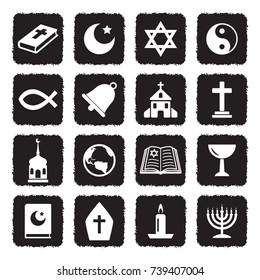 Religion Icons. Grunge Black Flat Design. Vector Illustration. 