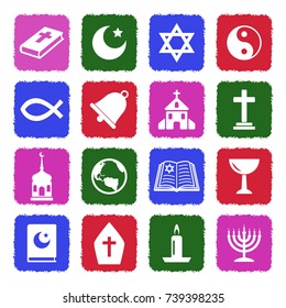 Religion Icons. Grunge Color Flat Design. Vector Illustration. 