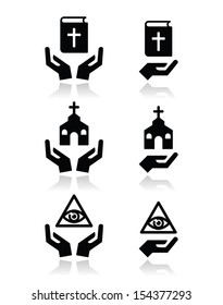 Religion icons - hands with bible, church, eye of god