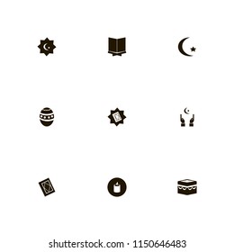 religion icons. holy kaaba, islam symbol, hands islam sign and easter egg vector icons set