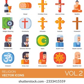 Religion Icons including Religion, Religious, God, Goddess, Faith, Blessing, Prayer, Praying Hands, Priest Male, Priest Female, Bible, Church, Temple, Mosque, Quran, Star of David, Synagogue