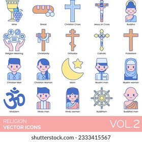 Religion Icons including Religion, Religious, God, Goddess, Faith, Blessing, Prayer, Praying Hands, Priest Male, Priest Female, Bible, Church, Temple, Mosque, Quran, Star of David, Synagogue
