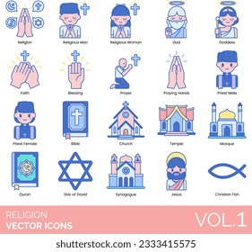 Religion Icons including Religion, Religious, God, Goddess, Faith, Blessing, Prayer, Praying Hands, Priest Male, Priest Female, Bible, Church, Temple, Mosque, Quran, Star of David, Synagogue