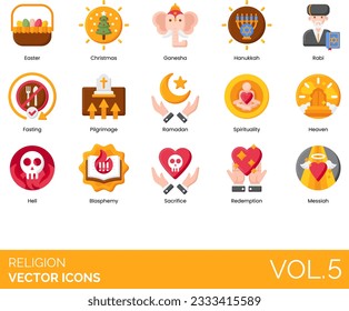 Religion Icons including Religion, Religious, God, Goddess, Faith, Blessing, Prayer, Praying Hands, Priest, Bible, Church, Temple, Mosque, Quran, Star of David, Synagogue, Jesus, Christian Fish, Wine