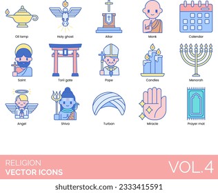 Religion Icons including Religion, Religious, God, Goddess, Faith, Blessing, Prayer, Praying Hands, Priest Male, Priest Female, Bible, Church, Temple, Mosque, Quran, Star of David, Synagogue