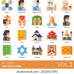 Religion Icons including Religion, Religious, God, Goddess, Faith, Blessing, Prayer, Praying Hands, Priest Male, Priest Female, Bible, Church, Temple, Mosque, Quran, Star of David, Synagogue