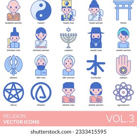 Religion Icons including Religion, Religious, God, Goddess, Faith, Blessing, Prayer, Praying Hands, Priest Male, Priest Female, Bible, Church, Temple, Mosque, Quran, Star of David, Synagogue