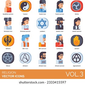 Religion Icons including Religion, Religious, God, Goddess, Faith, Blessing, Prayer, Praying Hands, Priest Male, Priest Female, Bible, Church, Temple, Mosque, Quran, Star of David, Synagogue