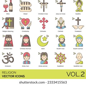 Religion Icons including Religion, Religious Man, Religious Woman, God, Goddess, Faith, Blessing, Prayer, Praying Hands, Priest Male, Priest Female, Bible, Church, Temple, Mosque, Quran, Star of David