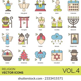 Religion Icons including Religion, Religious Man, Religious Woman, God, Goddess, Faith, Blessing, Prayer, Praying Hands, Priest Male, Priest Female, Bible, Church, Temple, Mosque, Quran, Star of David