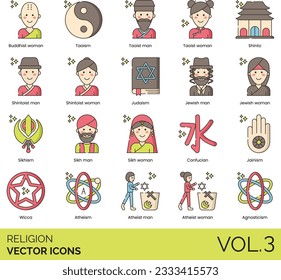 Religion Icons including Religion, Religious Man, Religious Woman, God, Goddess, Faith, Blessing, Prayer, Praying Hands, Priest Male, Priest Female, Bible, Church, Temple, Mosque, Quran, Star of David