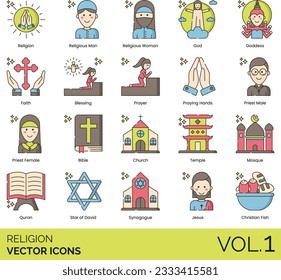 Religion Icons including Religion, Religious Man, Religious Woman, God, Goddess, Faith, Blessing, Prayer, Praying Hands, Priest Male, Priest Female, Bible, Church, Temple, Mosque, Quran, Star of David