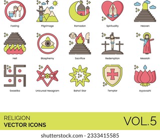 Religion Icons including Religion, Religious Man, Religious Woman, God, Goddess, Faith, Blessing, Prayer, Praying Hands, Priest Male, Priest Female, Bible, Church, Temple, Mosque, Quran, Star of David