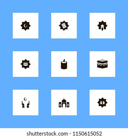 religion icons. islamic mosque, mosque, islam symbol and prayer hands vector icons set