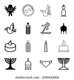 Religion icons. set of 16 editable filled and outline religion icons such as mosque, menorah, aroma stick, candle, heart with wings, love bird, angel