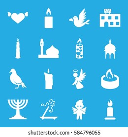 religion icons set. Set of 16 religion filled icons such as dove, mosque, spa building, aroma stick, candle, heart with wings, love bird, angel