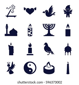 religion icons set. Set of 16 religion filled icons such as dove, mosque, aroma stick, candle, heart with wings, love bird, angel, yin yang