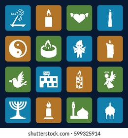religion icons set. Set of 16 religion filled icons such as mosque, spa building, aroma stick, candle, heart with wings, love bird, angel, yin yang