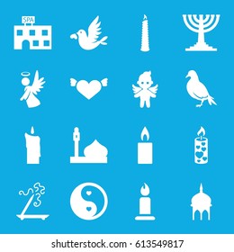 Religion icons set. set of 16 religion filled icons such as dove, mosque, spa building, aroma stick, candle, heart with wings, love bird, angel, yin yang