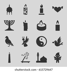 Religion icons set. set of 16 religion filled icons such as dove, mosque, aroma stick, candle, heart with wings, love bird, angel, yin yang