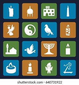 Religion icons set. set of 16 religion filled icons such as dove, mosque, spa building, aroma stick, candle, love bird, angel, yin yang