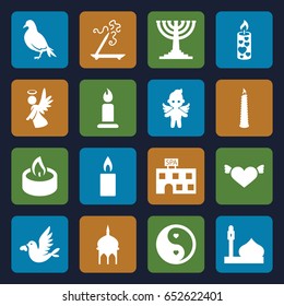 Religion icons set. set of 16 religion filled icons such as dove, mosque, spa building, aroma stick, candle, heart with wings, love bird, angel, yin yang