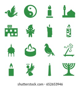 Religion icons set. set of 16 religion filled icons such as dove, mosque, spa building, aroma stick, candle, love bird, angel, yin yang