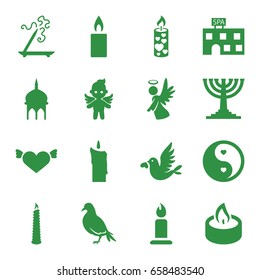 Religion icons set. set of 16 religion filled icons such as dove, mosque, spa building, aroma stick, candle, heart with wings, love bird, angel, yin yang