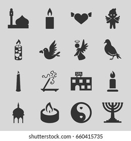 Religion icons set. set of 16 religion filled icons such as dove, mosque, spa building, aroma stick, candle, heart with wings, love bird, angel, yin yang