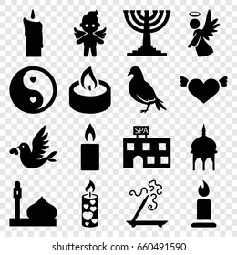 Religion icons set. set of 16 religion filled icons such as dove, mosque, spa building, aroma stick, candle, heart with wings, love bird, angel, yin yang