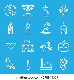 religion icons set. Set of 16 religion outline icons such as dove, mosque, spa building, aroma stick, candle, love bird, angel, yin yang, menorah