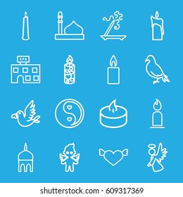 Religion icons set. set of 16 religion outline icons such as dove, mosque, spa building, aroma stick, candle, love bird, angel, yin yang