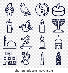 Religion icons set. set of 16 religion outline icons such as dove, mosque, spa building, aroma stick, candle, love bird, angel, yin yang